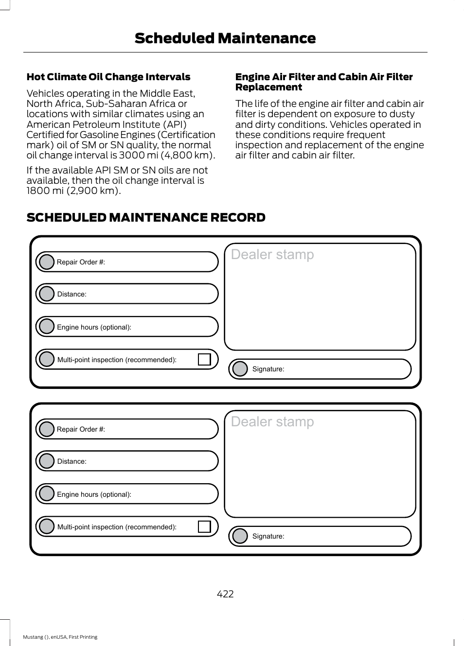 Scheduled maintenance record, Dealer stamp, Scheduled maintenance | FORD 2015 Mustang User Manual | Page 425 / 441