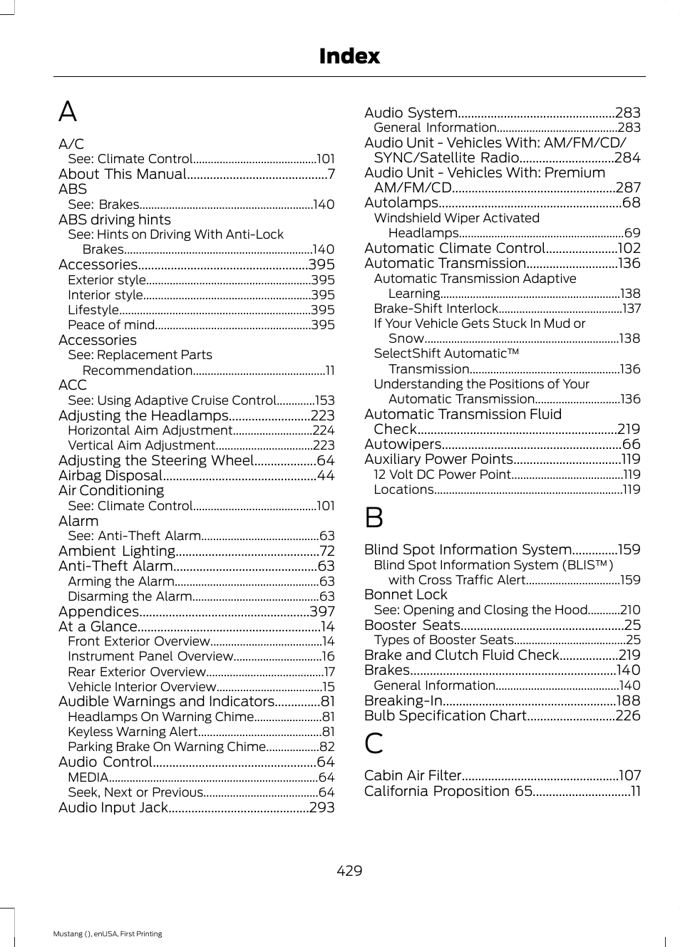 Index | FORD 2015 Mustang User Manual | Page 432 / 441