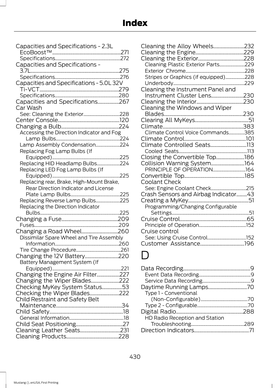Index | FORD 2015 Mustang User Manual | Page 433 / 441