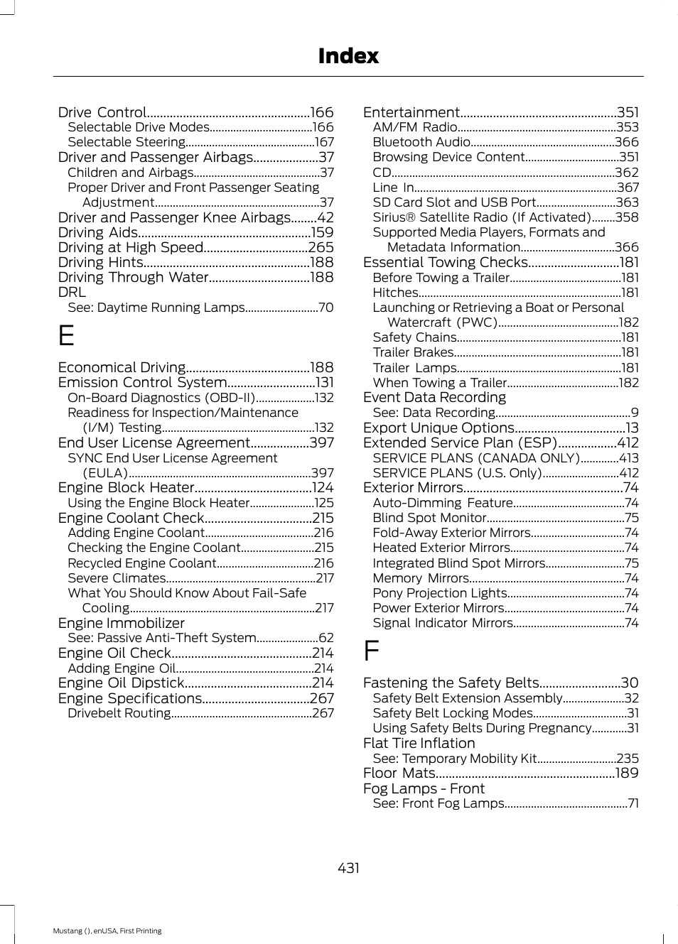 Index | FORD 2015 Mustang User Manual | Page 434 / 441