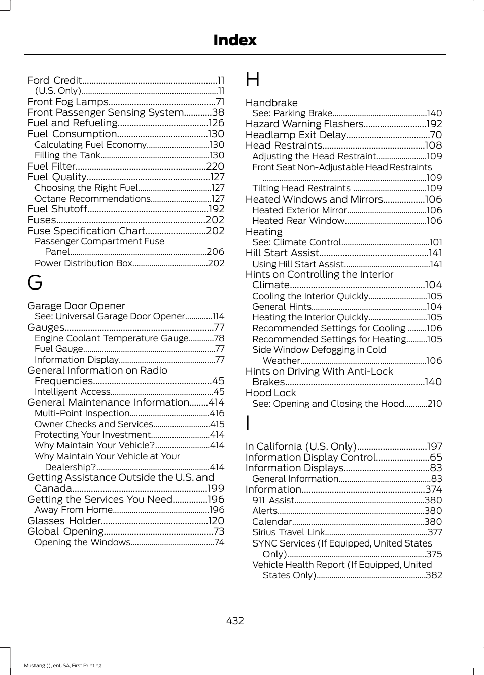 Index | FORD 2015 Mustang User Manual | Page 435 / 441