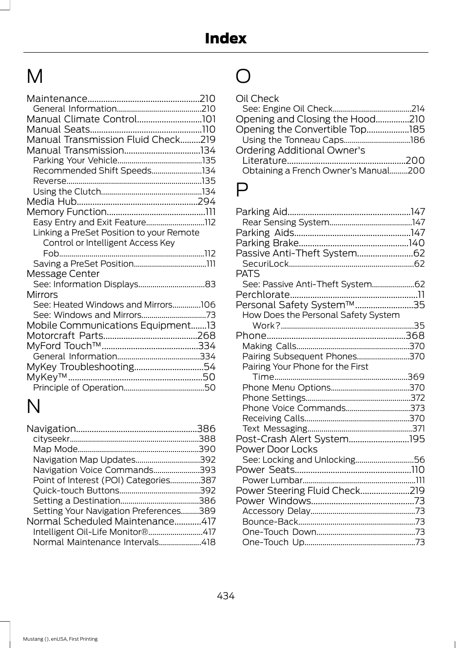 Index | FORD 2015 Mustang User Manual | Page 437 / 441