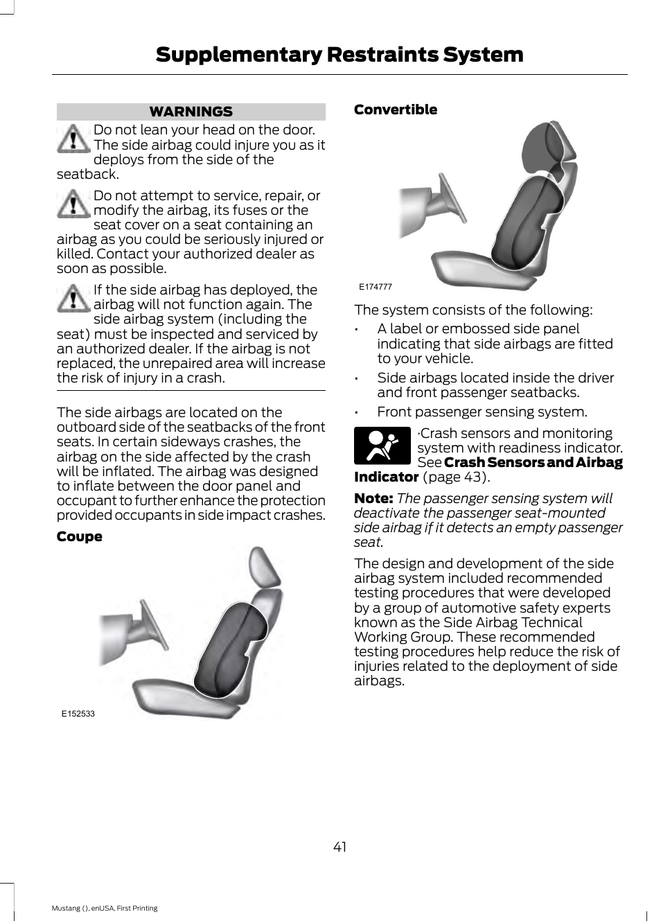 Supplementary restraints system | FORD 2015 Mustang User Manual | Page 44 / 441