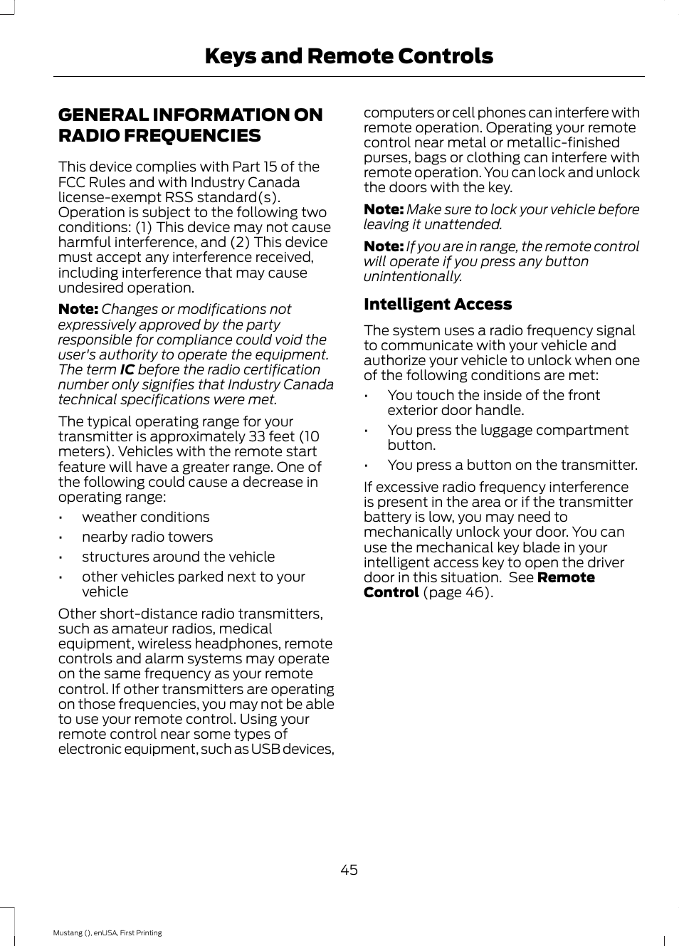 Keys and remote controls, General information on radio frequencies, General information on radio | Frequencies | FORD 2015 Mustang User Manual | Page 48 / 441