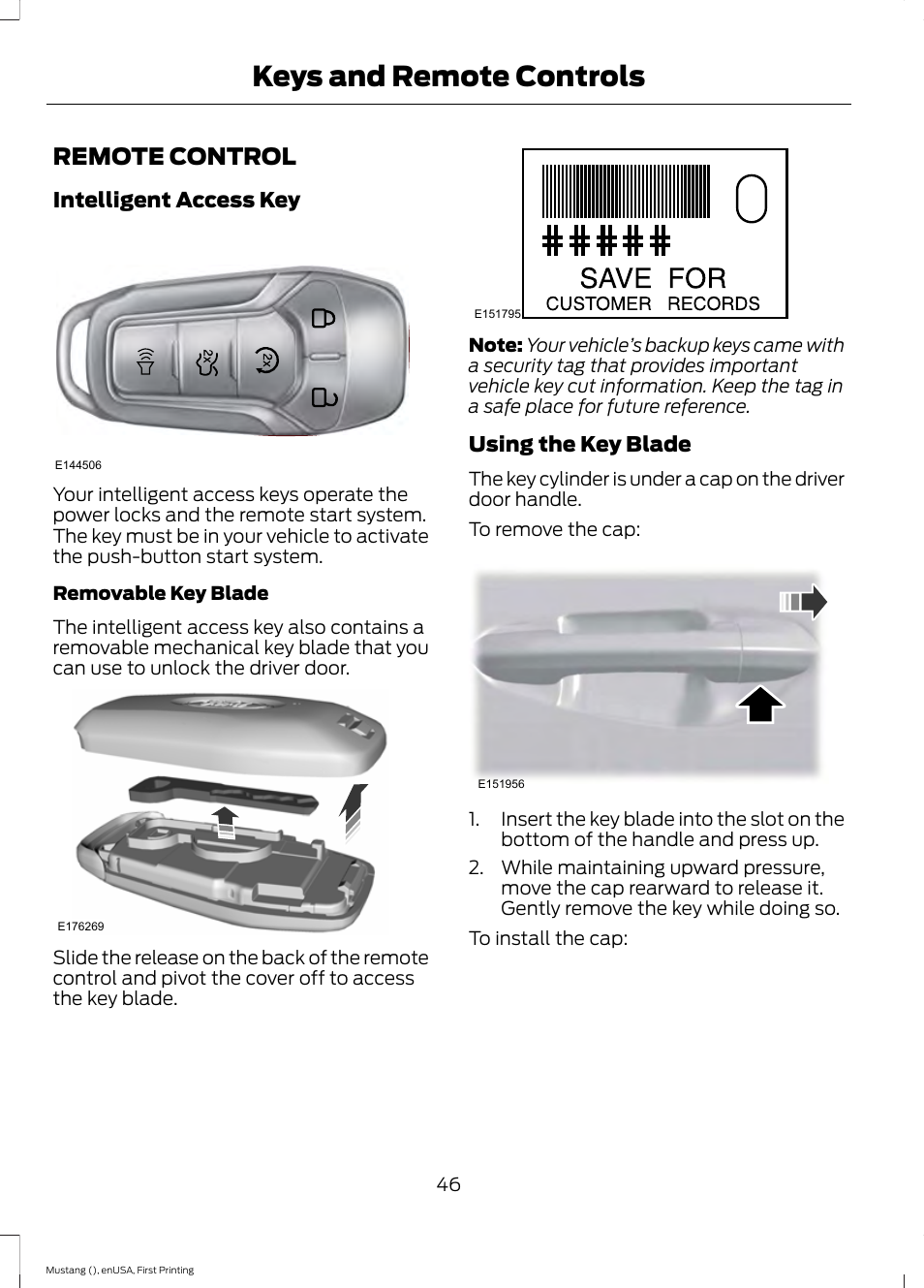 Remote control, Keys and remote controls | FORD 2015 Mustang User Manual | Page 49 / 441