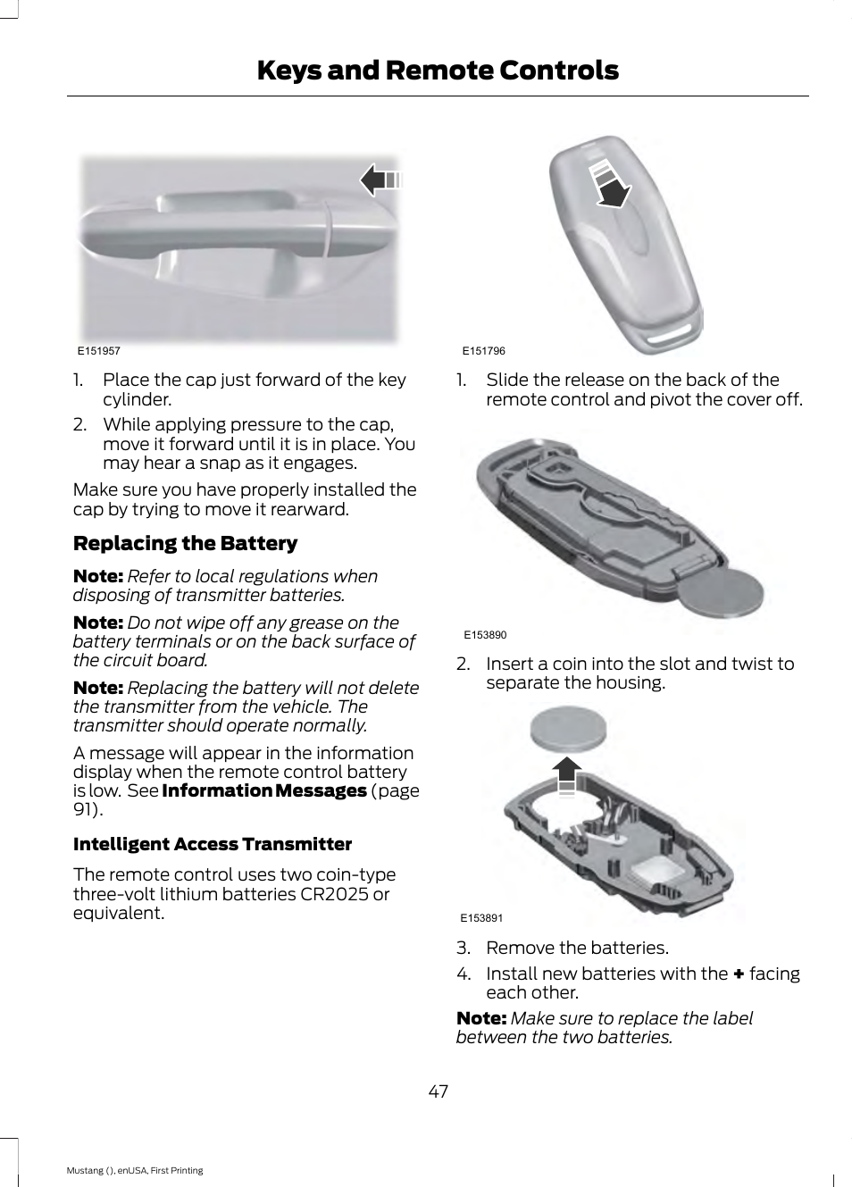 Keys and remote controls | FORD 2015 Mustang User Manual | Page 50 / 441