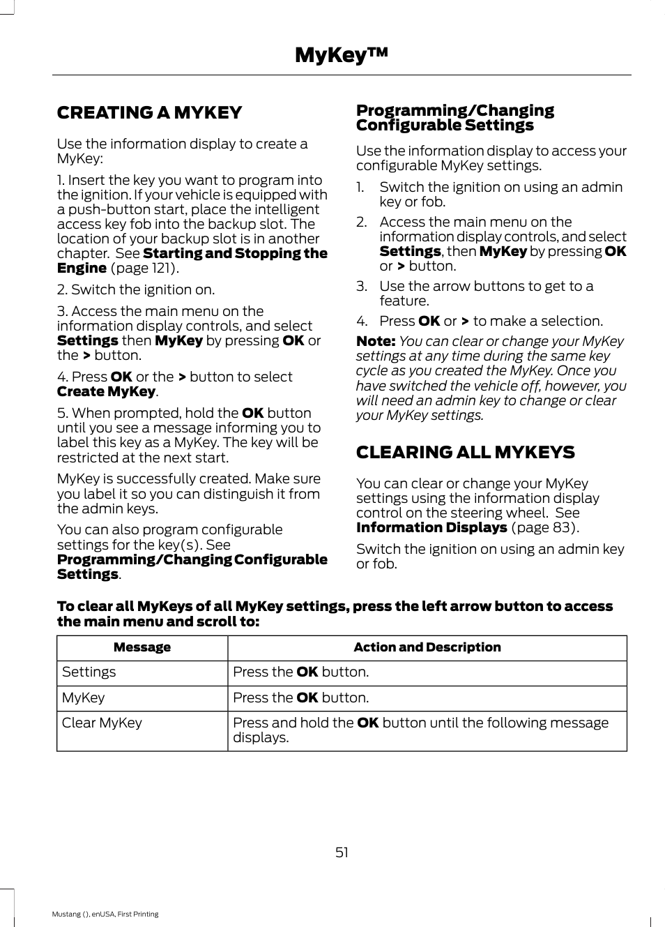 Creating a mykey, Clearing all mykeys, Creating a mykey clearing all mykeys | Mykey | FORD 2015 Mustang User Manual | Page 54 / 441