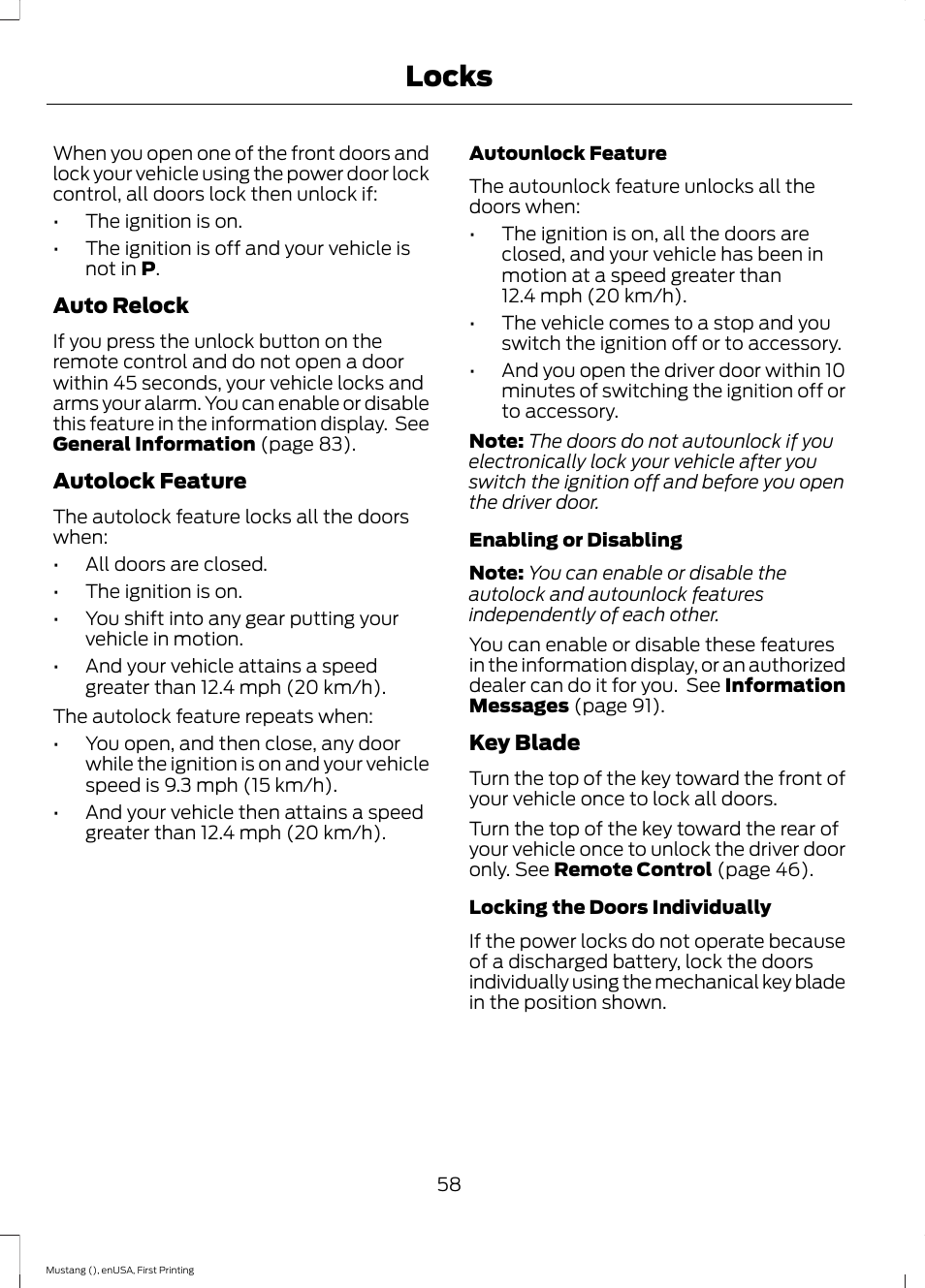 Locks | FORD 2015 Mustang User Manual | Page 61 / 441