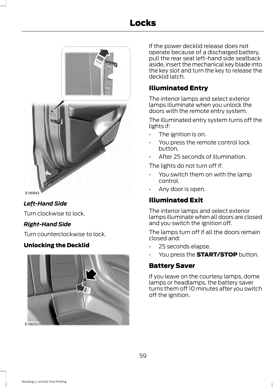 Locks | FORD 2015 Mustang User Manual | Page 62 / 441