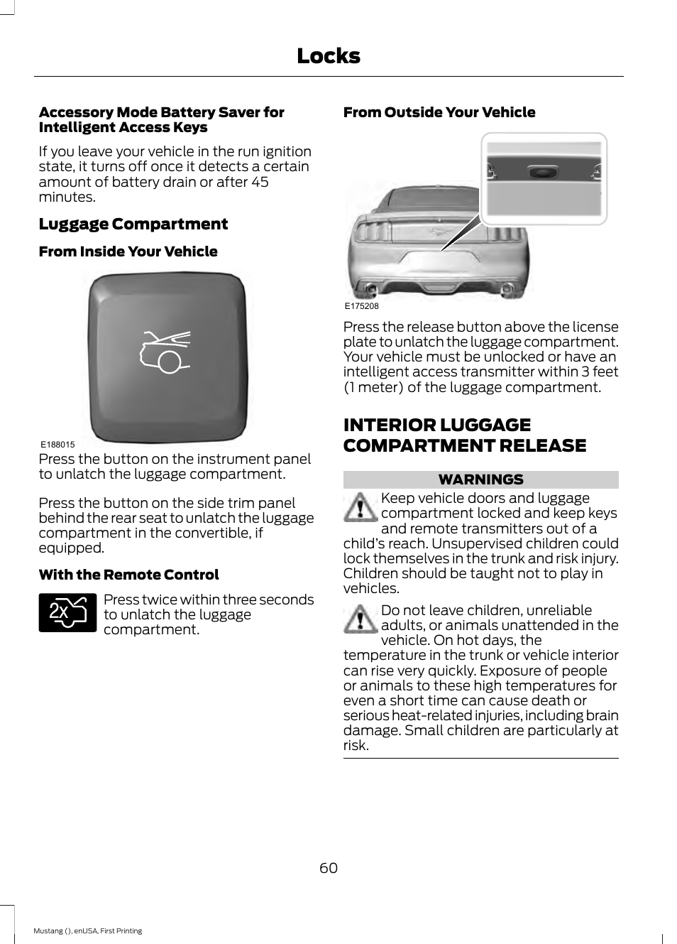 Interior luggage compartment release, Interior luggage compartment, Release | Locks | FORD 2015 Mustang User Manual | Page 63 / 441