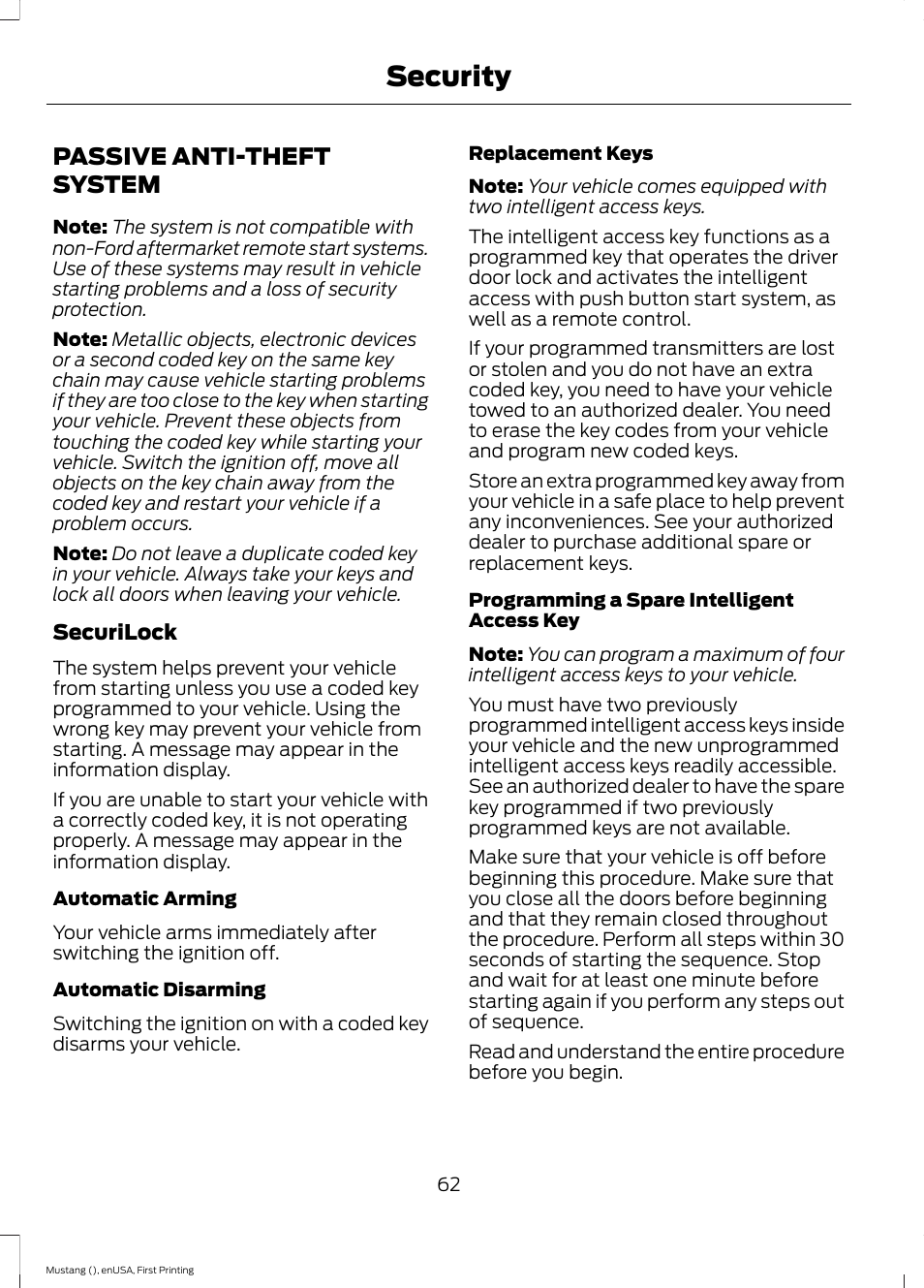 Security, Passive anti-theft system | FORD 2015 Mustang User Manual | Page 65 / 441
