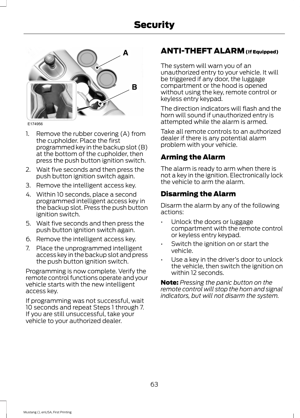 Anti-theft alarm, Security | FORD 2015 Mustang User Manual | Page 66 / 441