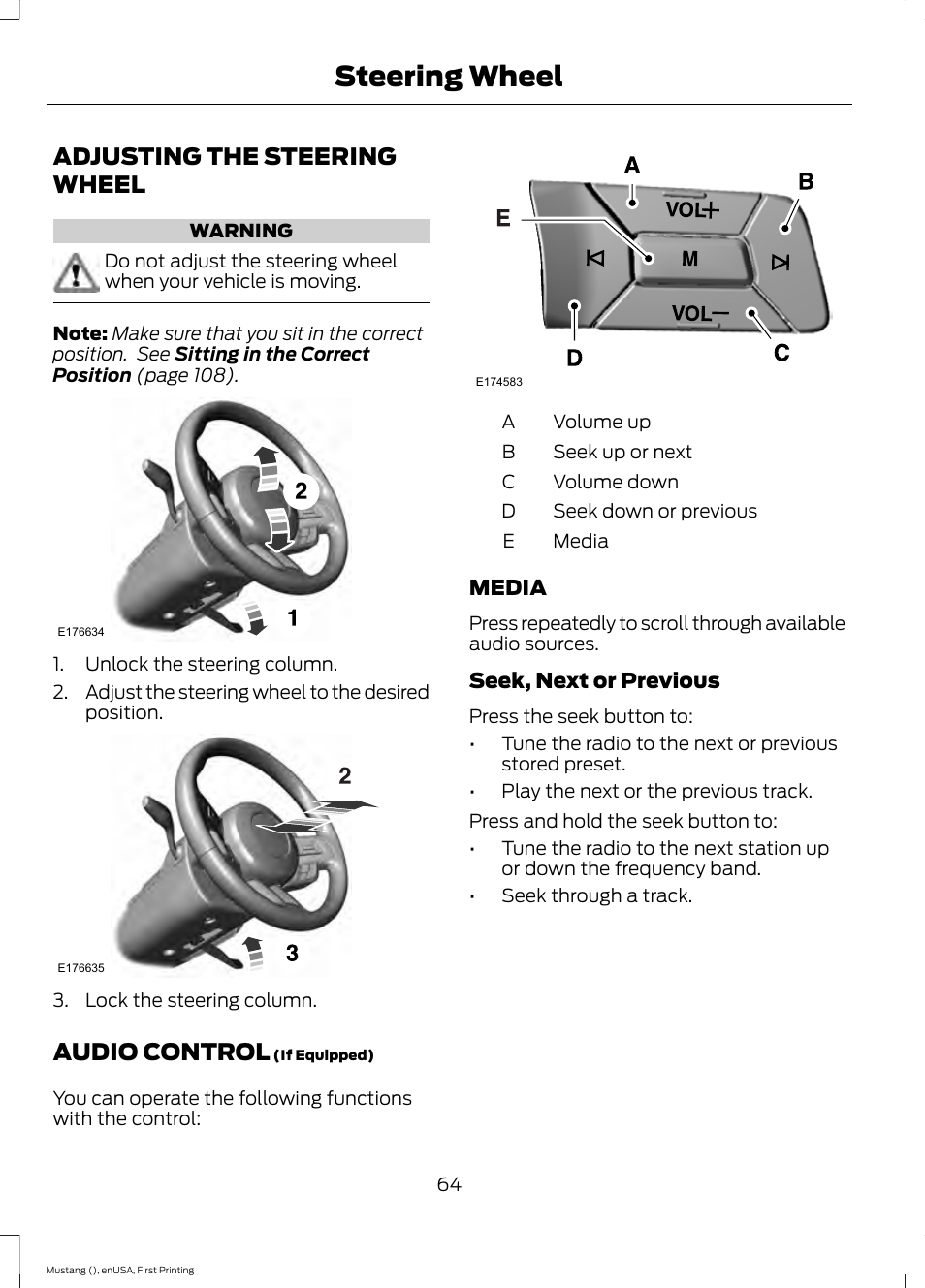 Steering wheel, Adjusting the steering wheel, Audio control | Adjusting the steering wheel audio control | FORD 2015 Mustang User Manual | Page 67 / 441