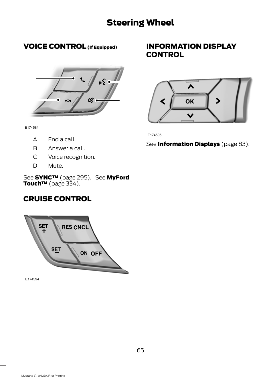 Voice control, Cruise control, Information display control | Steering wheel, Cd b a | FORD 2015 Mustang User Manual | Page 68 / 441