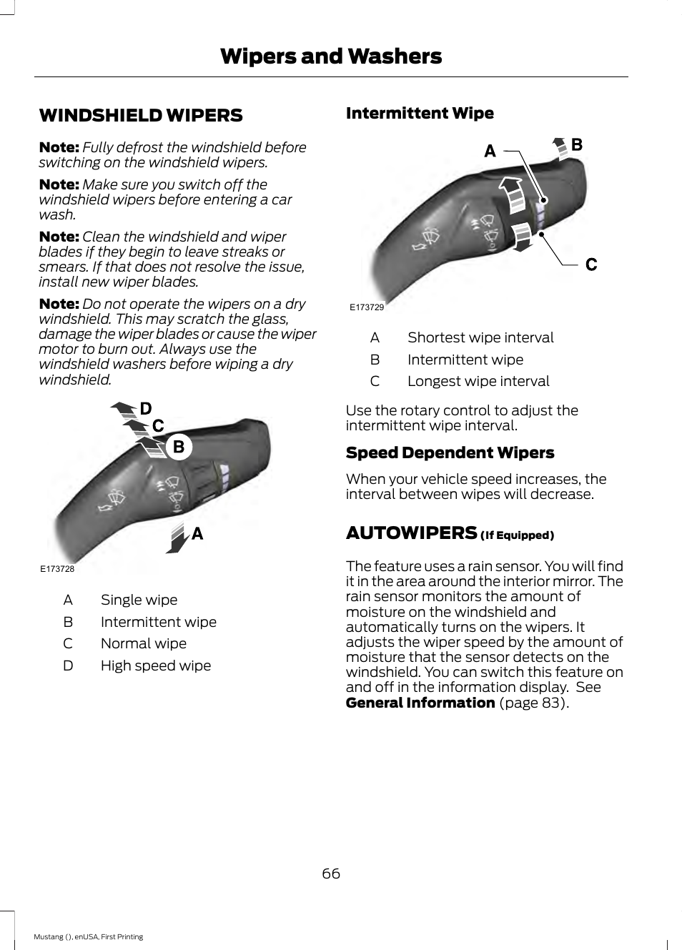 Wipers and washers, Windshield wipers, Autowipers | FORD 2015 Mustang User Manual | Page 69 / 441