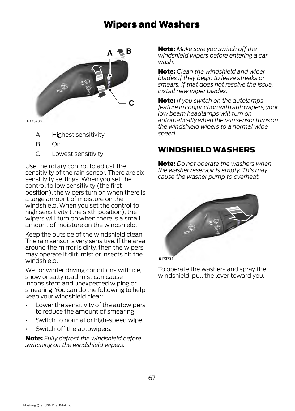 Windshield washers, Wipers and washers | FORD 2015 Mustang User Manual | Page 70 / 441