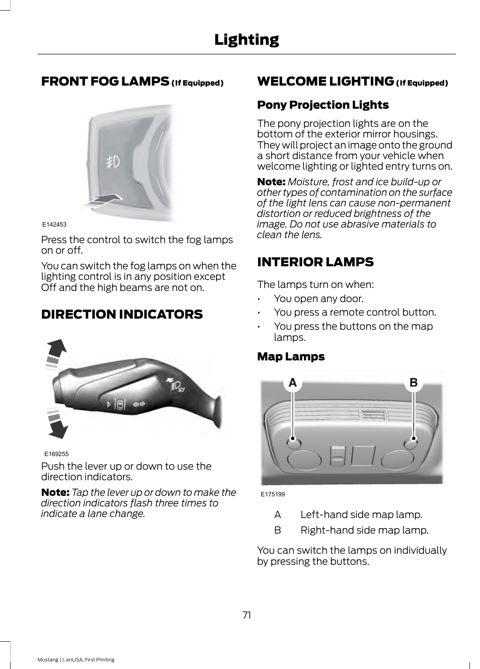 Front fog lamps, Direction indicators, Welcome lighting | Interior lamps, Lighting | FORD 2015 Mustang User Manual | Page 74 / 441