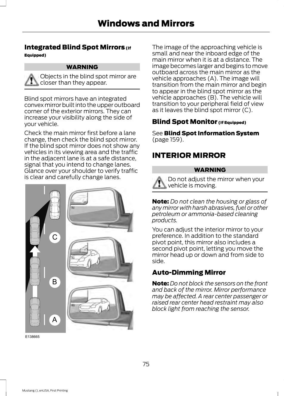 Interior mirror, Windows and mirrors, Ab c | FORD 2015 Mustang User Manual | Page 78 / 441