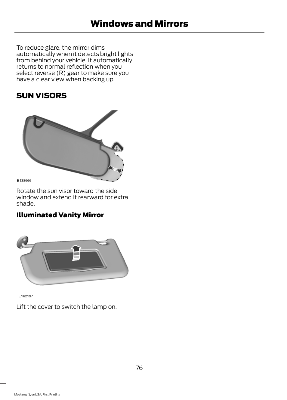 Sun visors, Windows and mirrors | FORD 2015 Mustang User Manual | Page 79 / 441