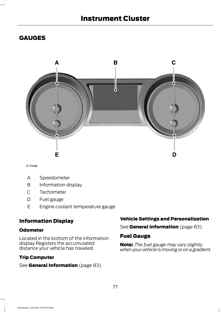 Instrument cluster, Gauges | FORD 2015 Mustang User Manual | Page 80 / 441