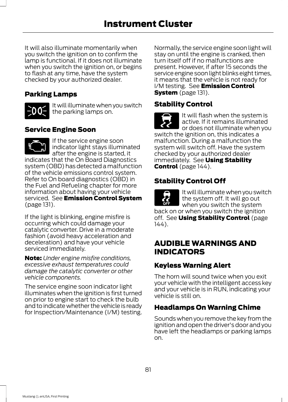 Audible warnings and indicators, Instrument cluster | FORD 2015 Mustang User Manual | Page 84 / 441