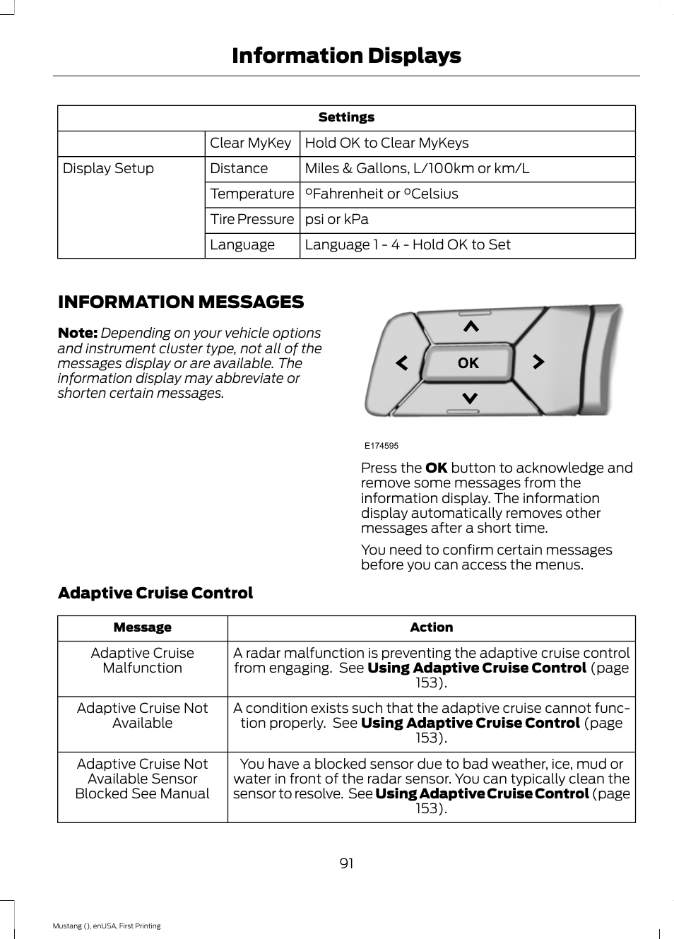 Information messages, Information displays | FORD 2015 Mustang User Manual | Page 94 / 441