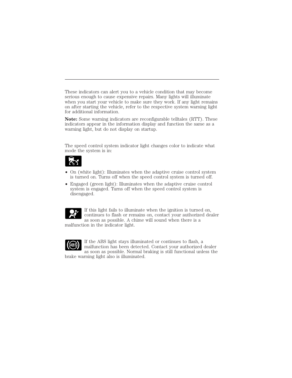 Warning lamps and indicators, Adaptive cruise control (if equipped) (rtt), Airbag readiness | Anti-lock brake system, Instrument cluster 105 | FORD 2015 Taurus User Manual | Page 106 / 558