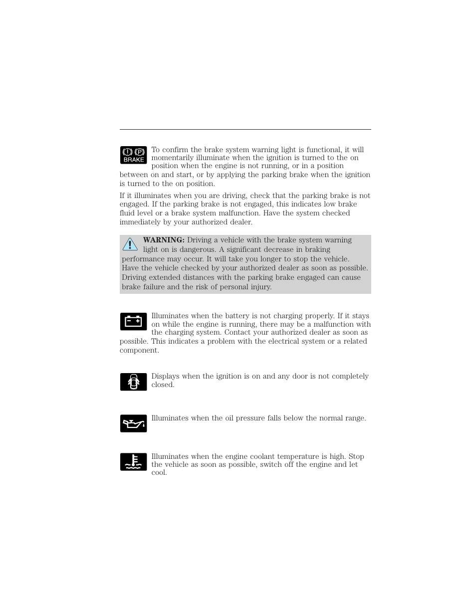 Brake system warning light, Charging system (rtt), Door ajar (rtt) | Engine oil pressure (rtt), Engine coolant temperature (rtt), 106 instrument cluster | FORD 2015 Taurus User Manual | Page 107 / 558