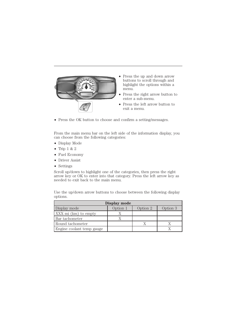 Information display controls (type 2), Main menu, Display mode | Information displays 115 | FORD 2015 Taurus User Manual | Page 116 / 558