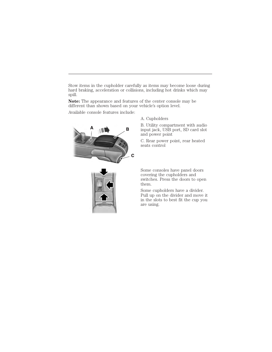 Storage compartments, Center console, 162 storage compartments | FORD 2015 Taurus User Manual | Page 163 / 558