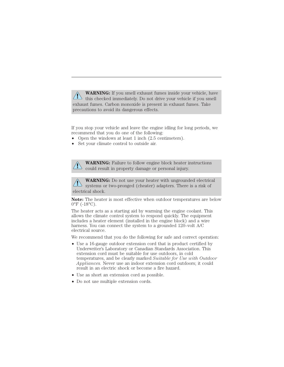 Guarding against exhaust fumes, Important ventilating information, Engine block heater (if equipped) | Engine block heater, 170 starting and stopping the engine | FORD 2015 Taurus User Manual | Page 171 / 558