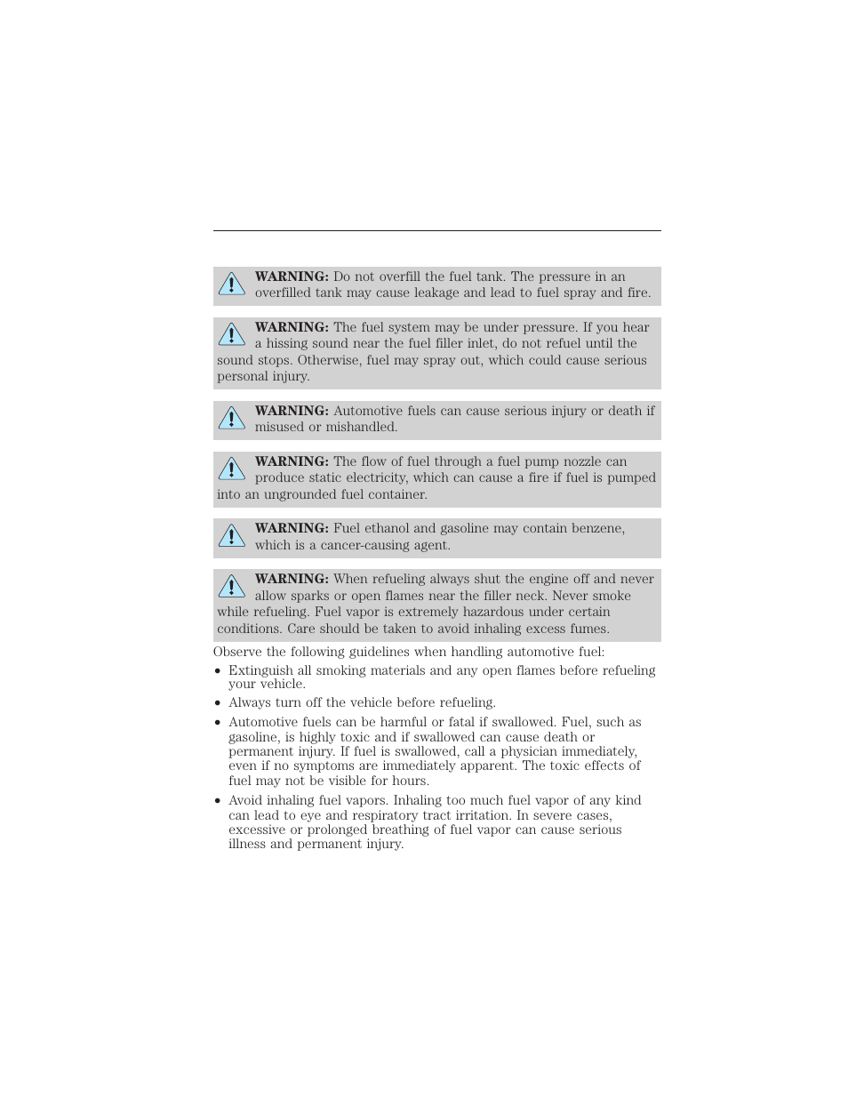 Fuel and refueling, Safety precautions, 172 fuel and refueling | FORD 2015 Taurus User Manual | Page 173 / 558