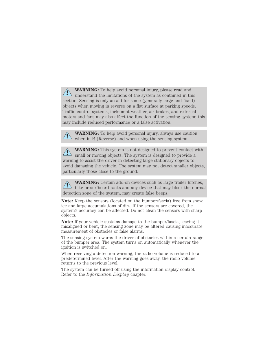 Parking aids, Sensing system (if equipped), Sensing system | Parking aids 201 | FORD 2015 Taurus User Manual | Page 202 / 558