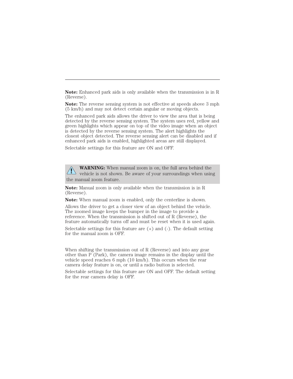 Enhanced park aids, Manual zoom, Rear camera delay | Parking aids 211 | FORD 2015 Taurus User Manual | Page 212 / 558