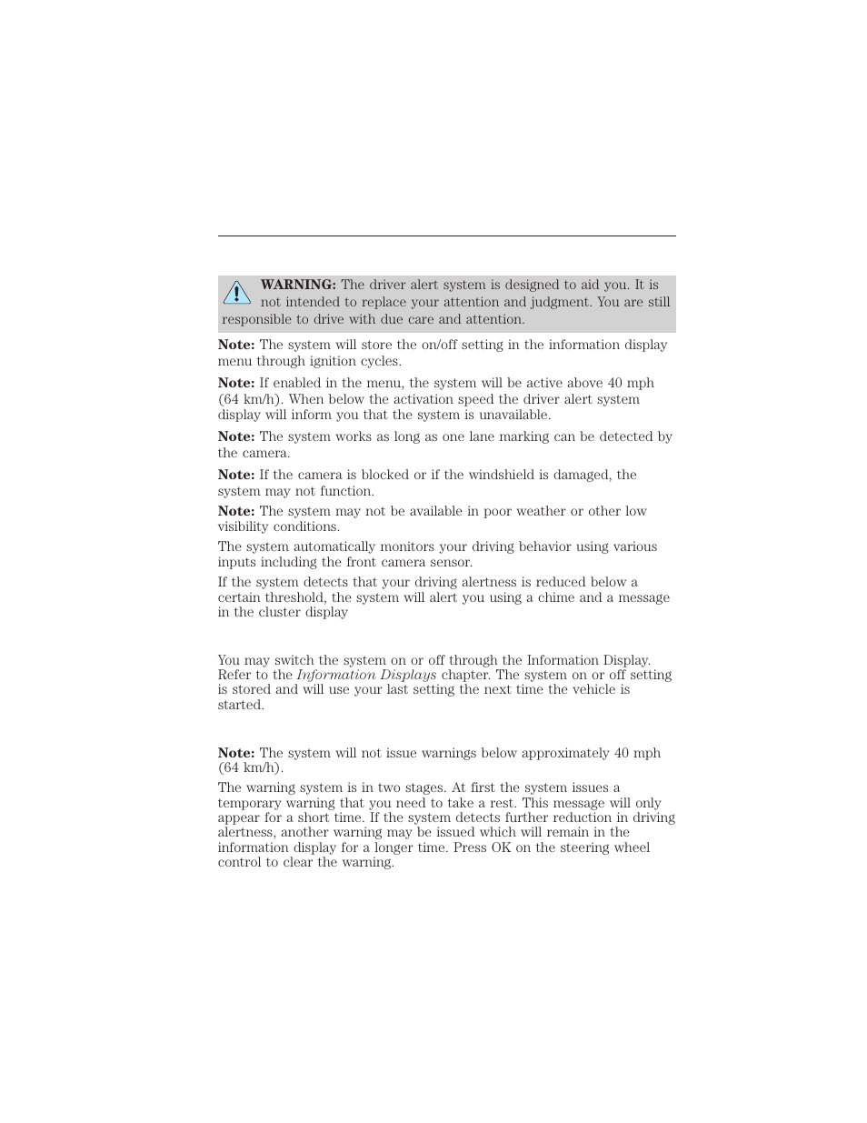 Driving aids, Driver alert (if equipped), Switching the system on and off | System warnings, Driver alert, 222 driving aids | FORD 2015 Taurus User Manual | Page 223 / 558