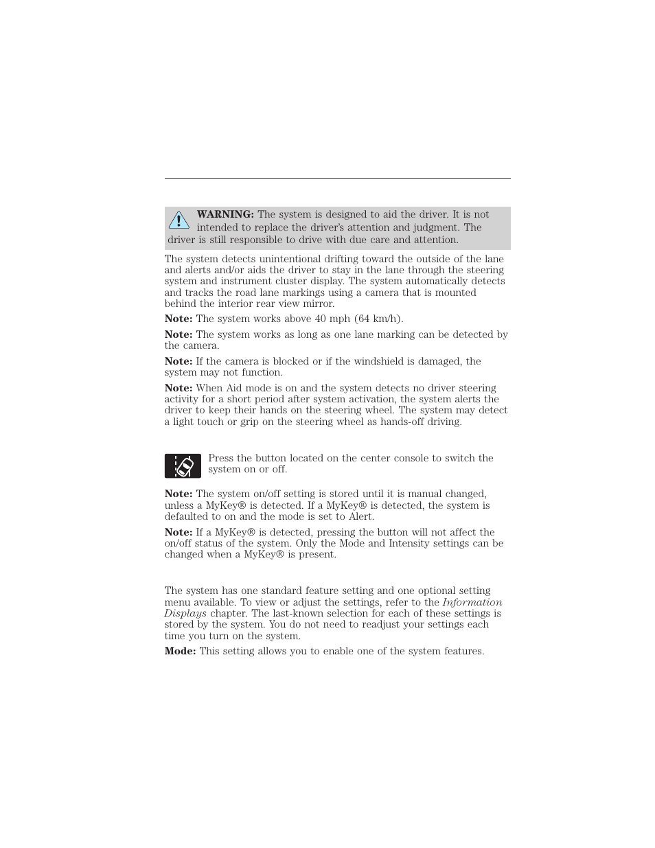 Lane keeping system (if equipped), Switching the system on and off, System settings | Lane keeping system, 224 driving aids | FORD 2015 Taurus User Manual | Page 225 / 558