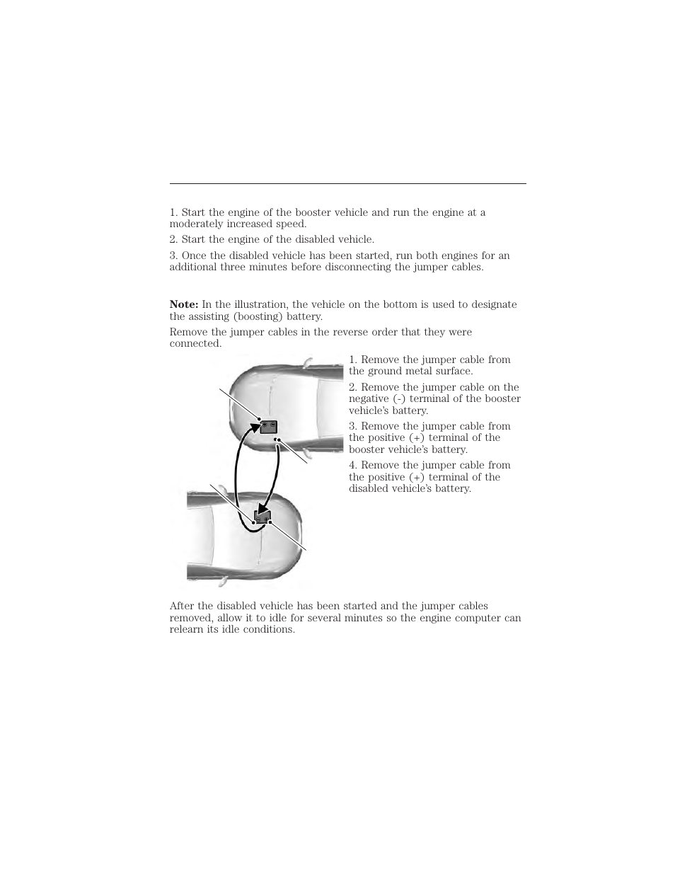 Jump starting, Removing the jumper cables, 262 roadside emergencies | FORD 2015 Taurus User Manual | Page 263 / 558