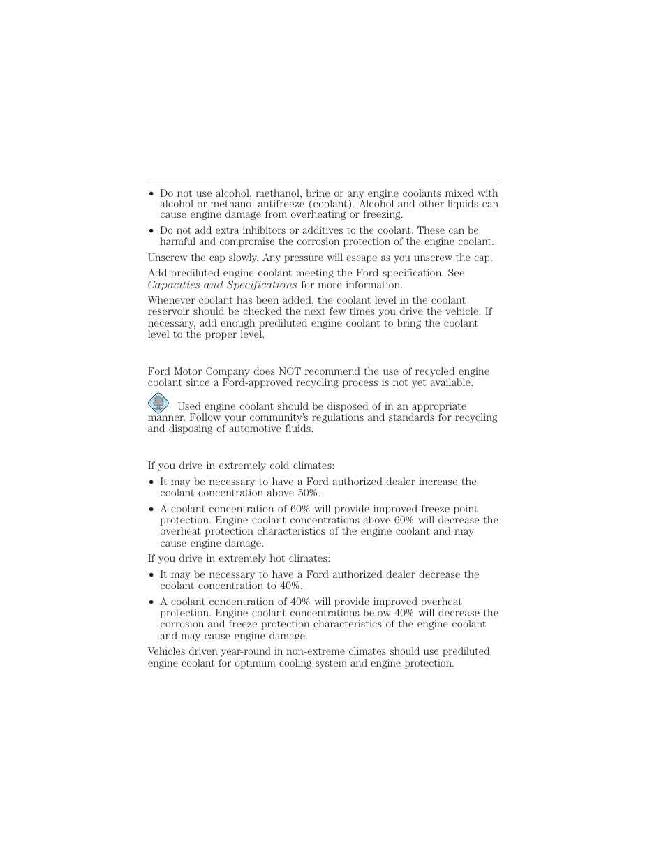 Recycled engine coolant, Severe climates, Maintenance 289 | FORD 2015 Taurus User Manual | Page 290 / 558