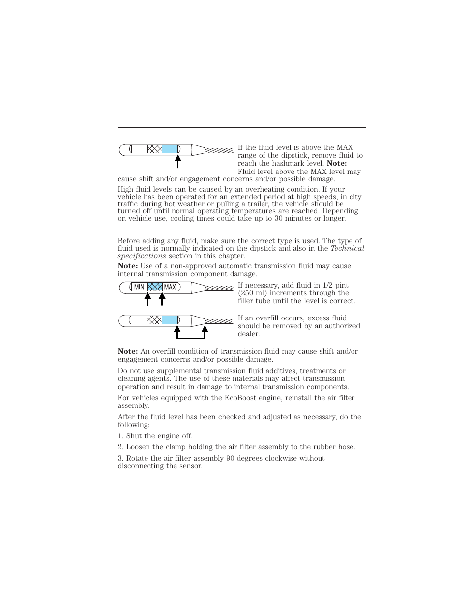 High fluid level, Adjusting automatic transmission fluid levels, 296 maintenance | FORD 2015 Taurus User Manual | Page 297 / 558
