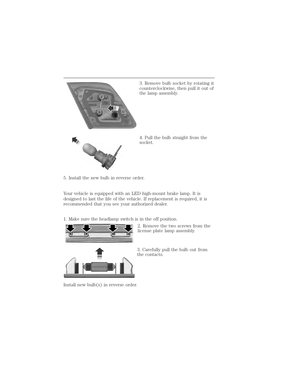 Replacing high-mount brake lamp bulbs, Replacing license plate lamp bulbs, Maintenance 307 | FORD 2015 Taurus User Manual | Page 308 / 558