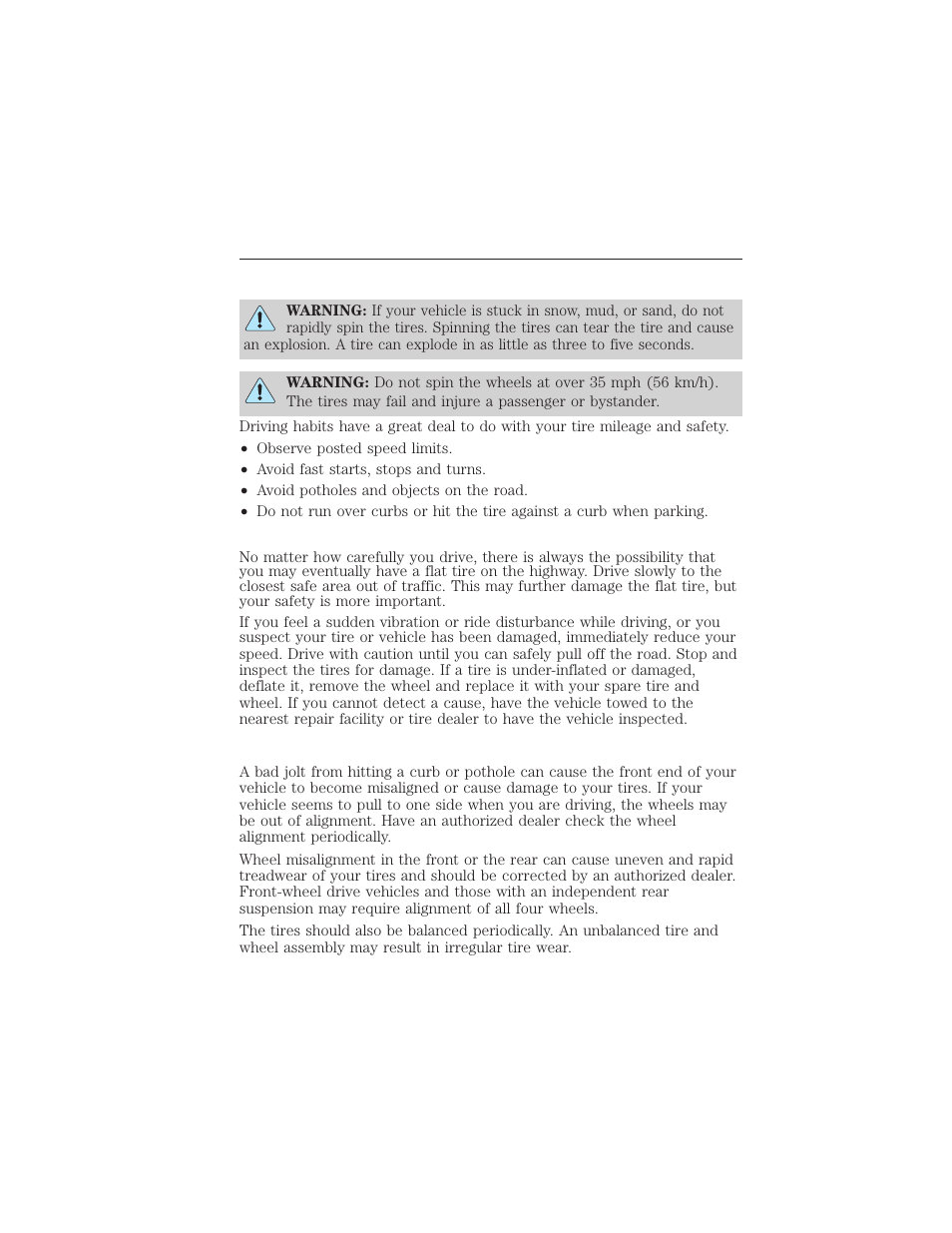 Safety practices, Highway hazards, Tire and wheel alignment | 332 wheels and tires | FORD 2015 Taurus User Manual | Page 333 / 558