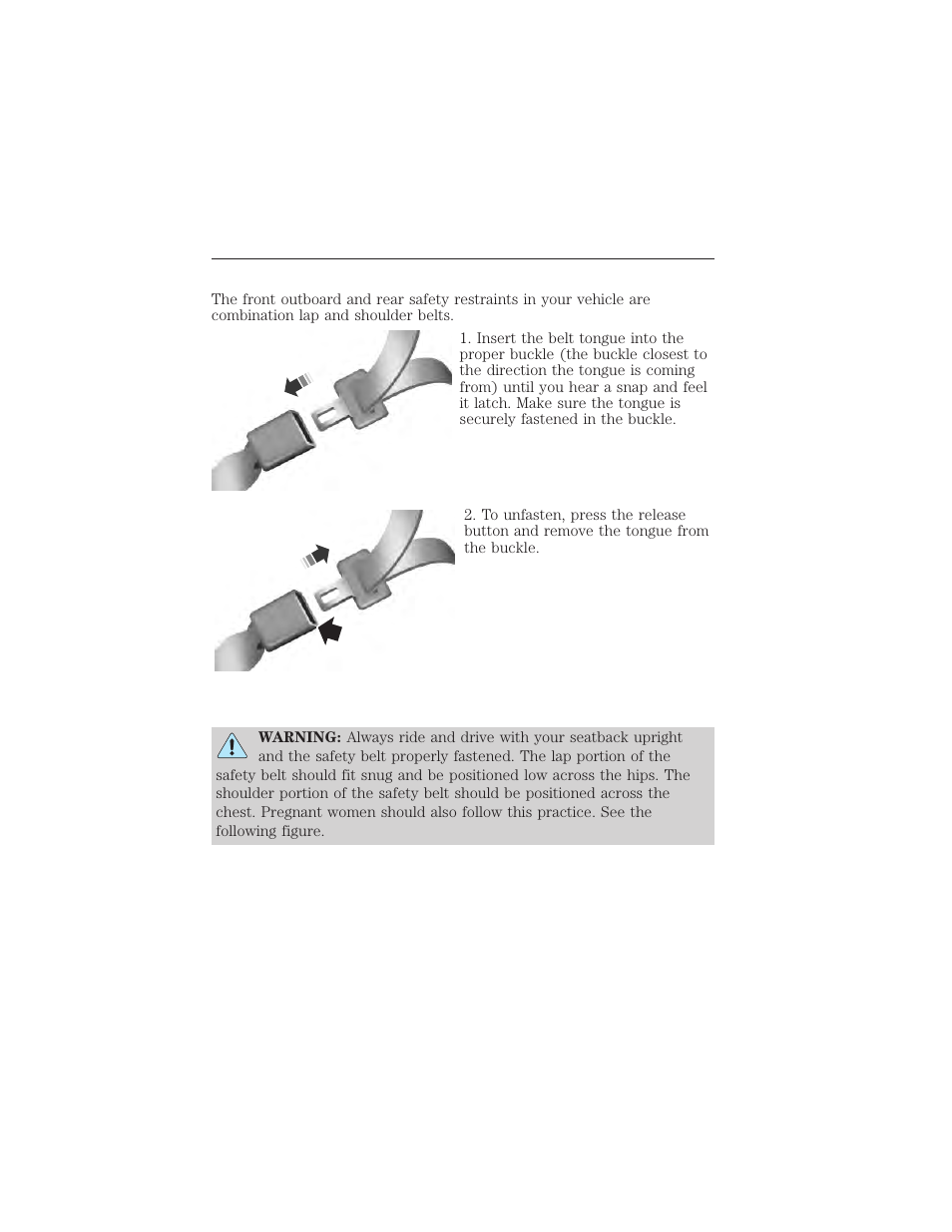Fastening the safety belts, Using safety belts during pregnancy, Safety belts 35 | FORD 2015 Taurus User Manual | Page 36 / 558