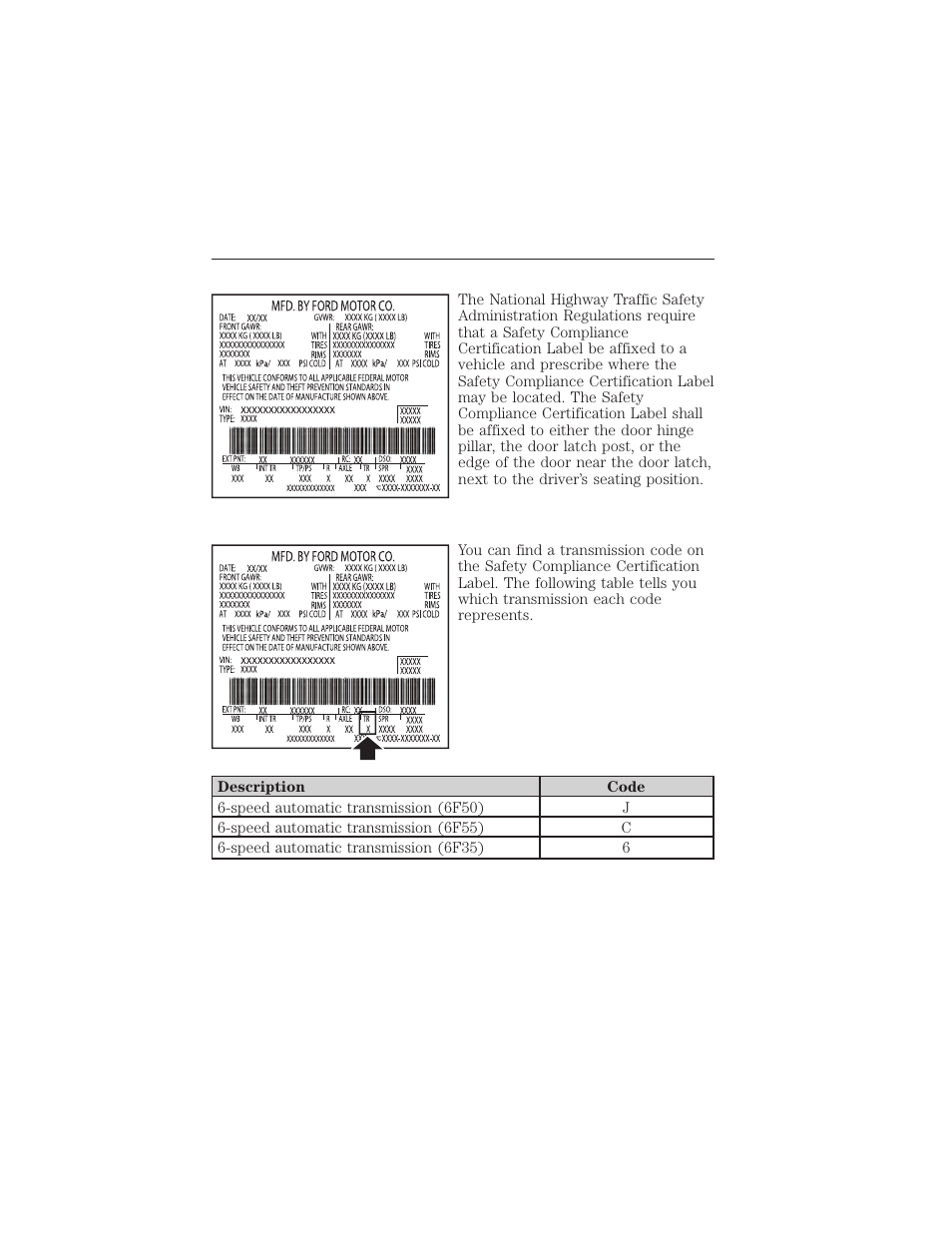 Vehicle certification label, Transmission code designation, Capacities and specifications 365 | FORD 2015 Taurus User Manual | Page 366 / 558