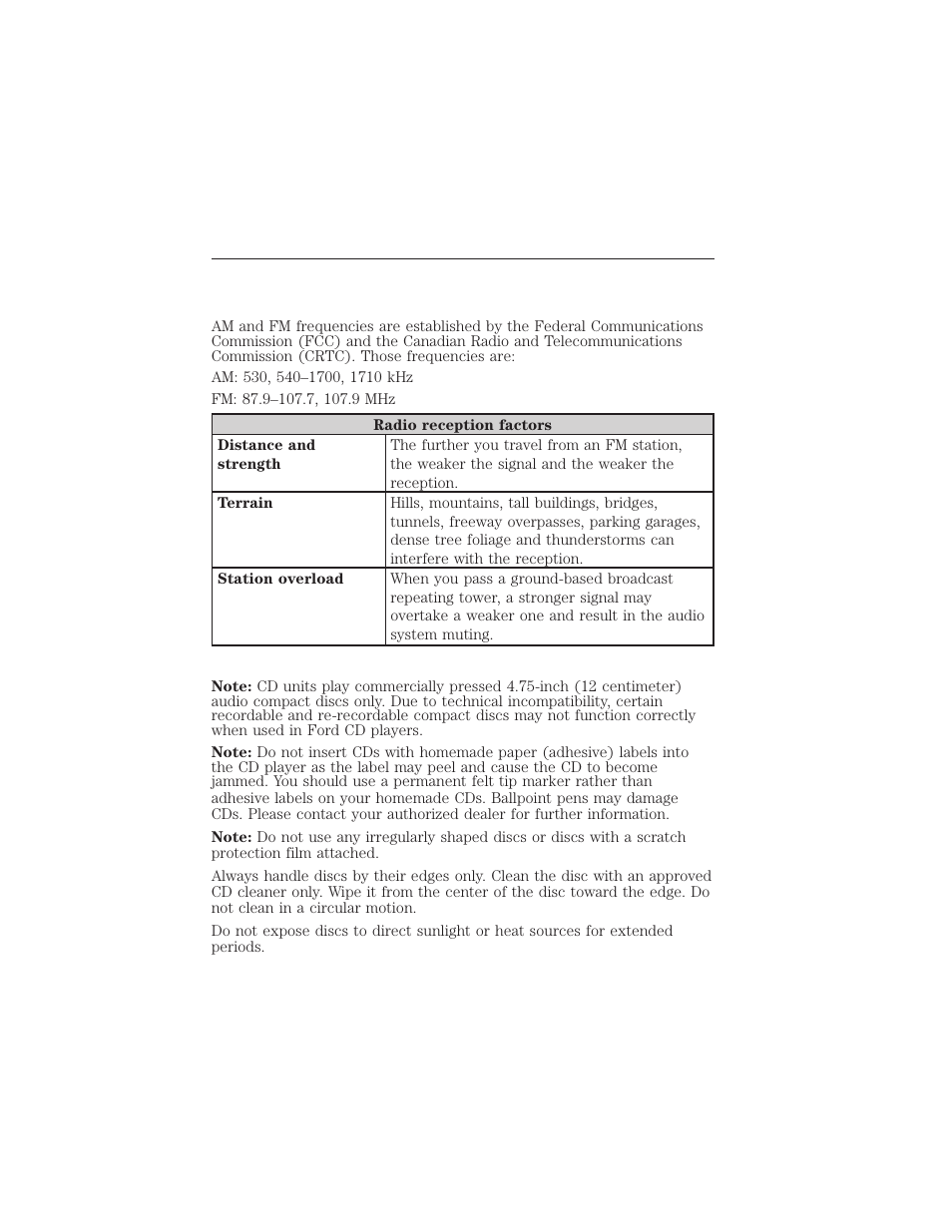 Audio system, General information, Radio frequencies and reception factors | Cd and cd player information, Audio system 371 | FORD 2015 Taurus User Manual | Page 372 / 558
