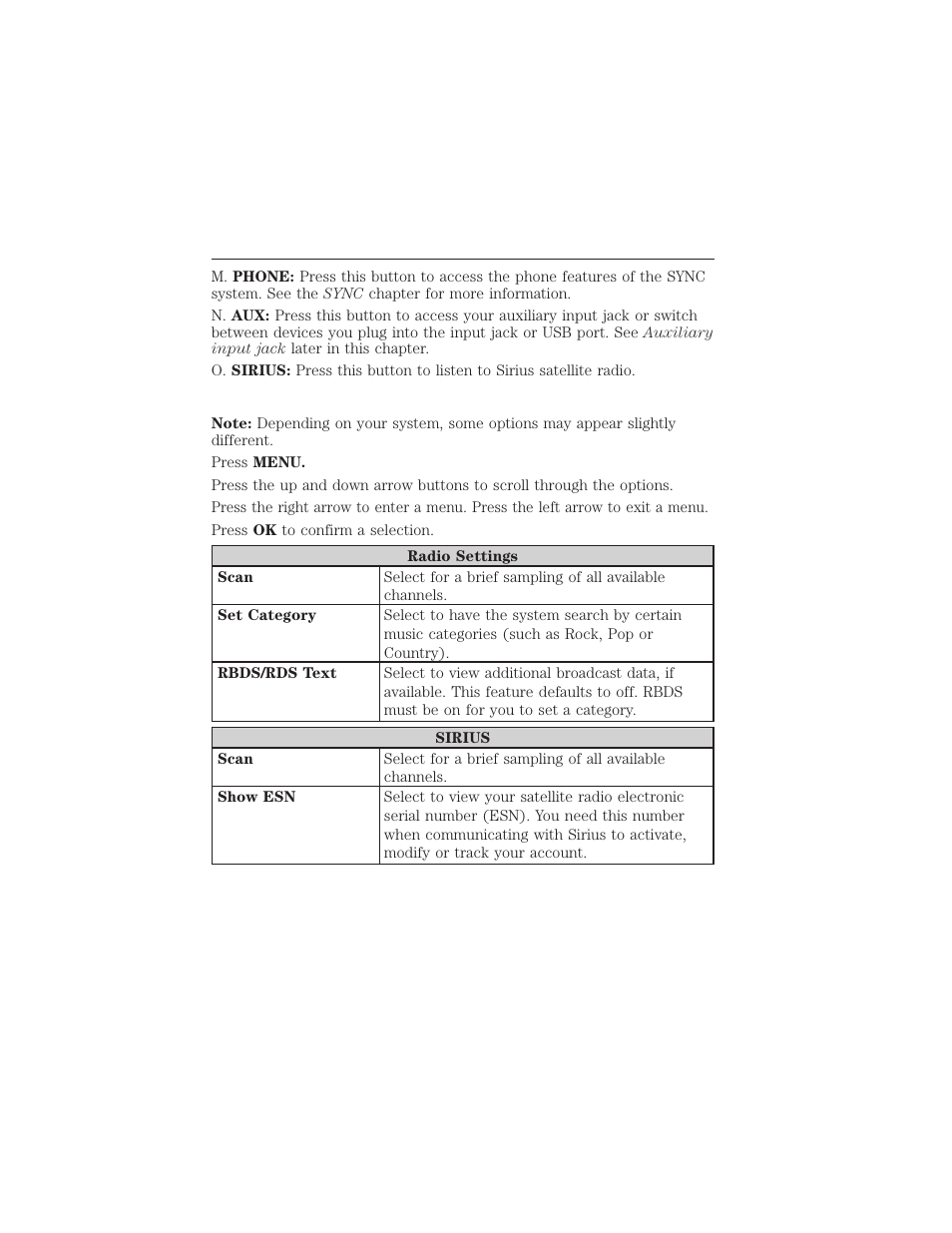 Menu structure, Audio system 375 | FORD 2015 Taurus User Manual | Page 376 / 558