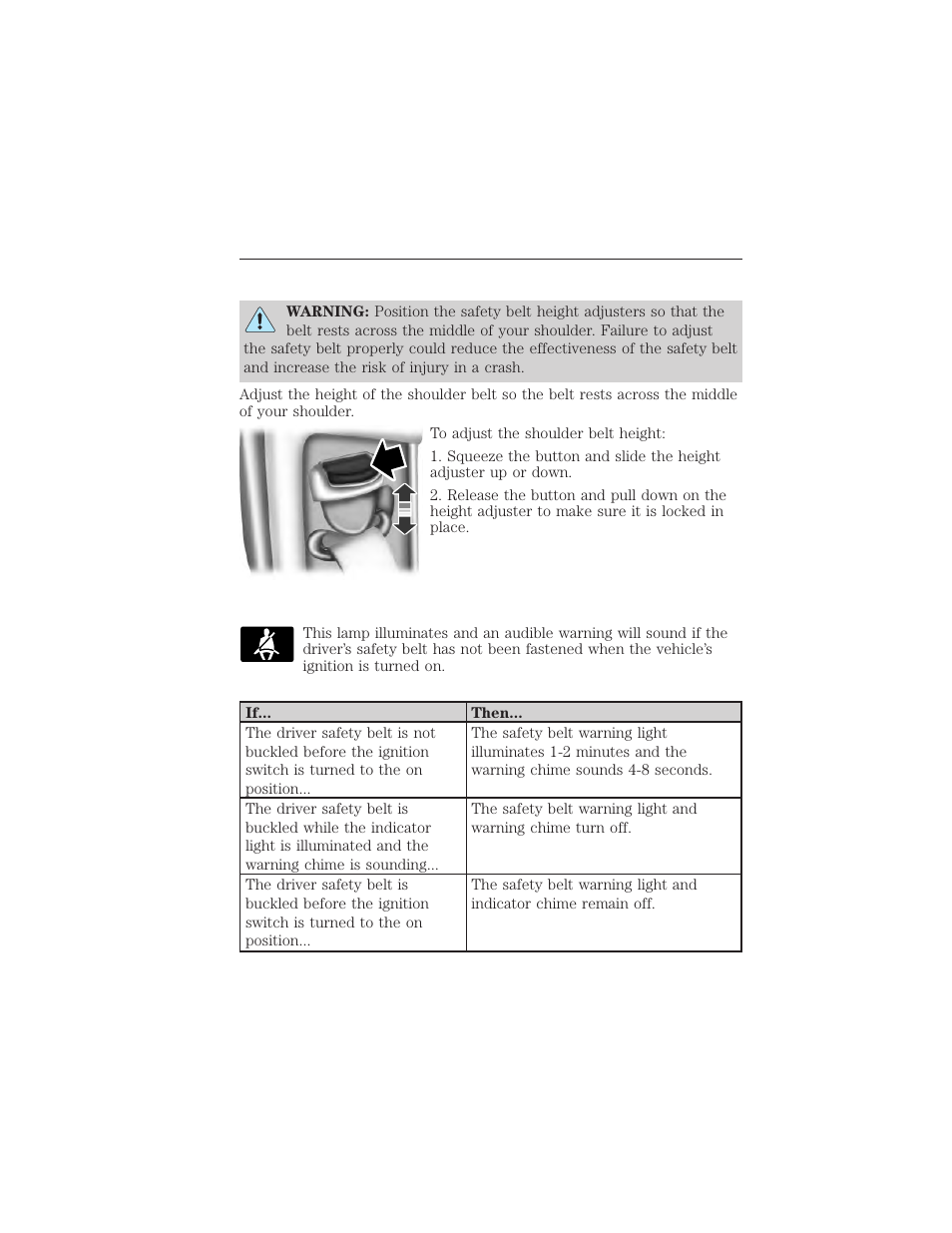 Safety belt height adjustment, Safety belt warning light and indicator chime, Conditions of operation | 38 safety belts | FORD 2015 Taurus User Manual | Page 39 / 558