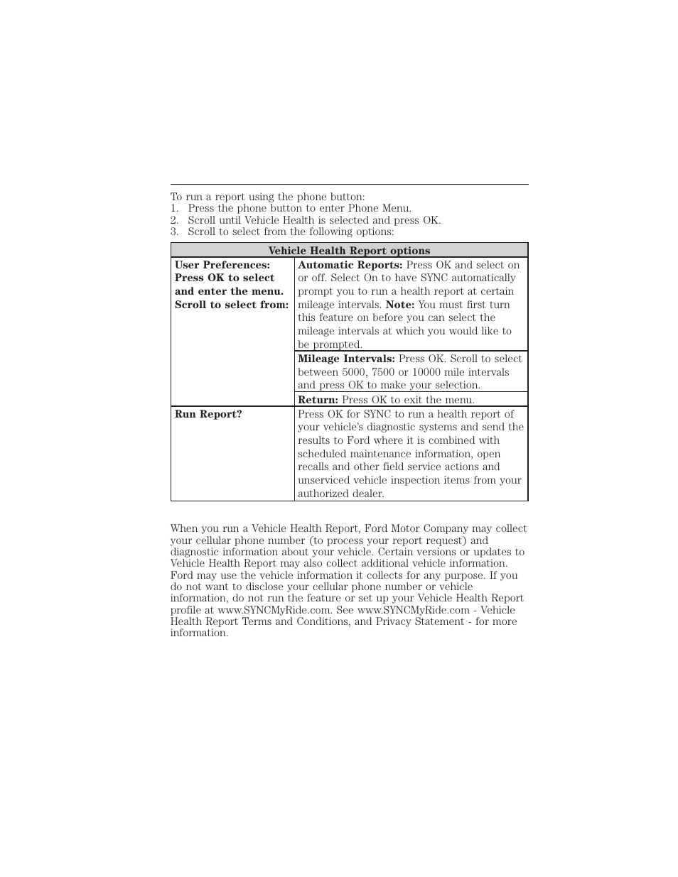 Vehicle health report privacy notice, 412 sync | FORD 2015 Taurus User Manual | Page 413 / 558