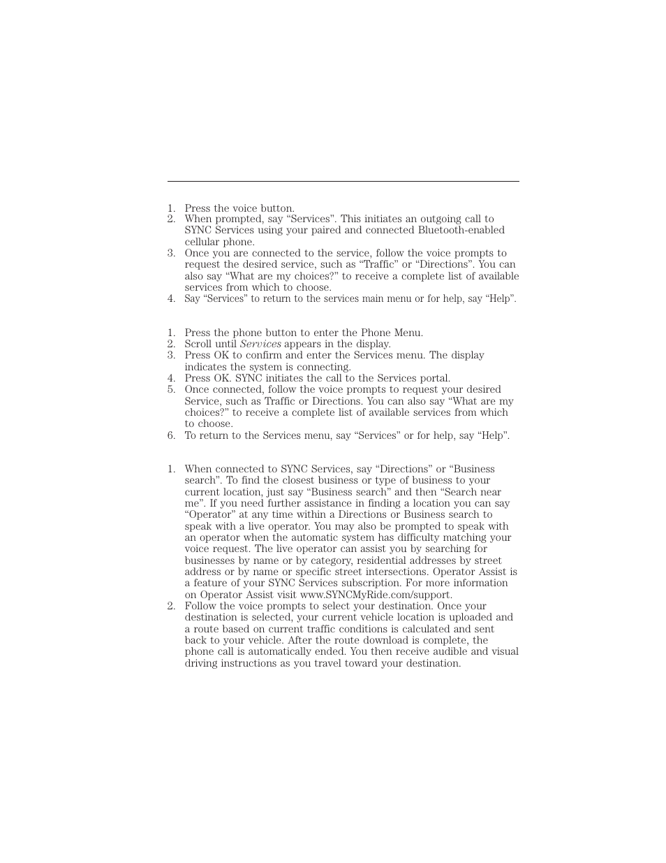 Connecting to sync services using voice commands, Connecting to sync services using the phone menu, Receiving turn-by-turn directions | 414 sync | FORD 2015 Taurus User Manual | Page 415 / 558