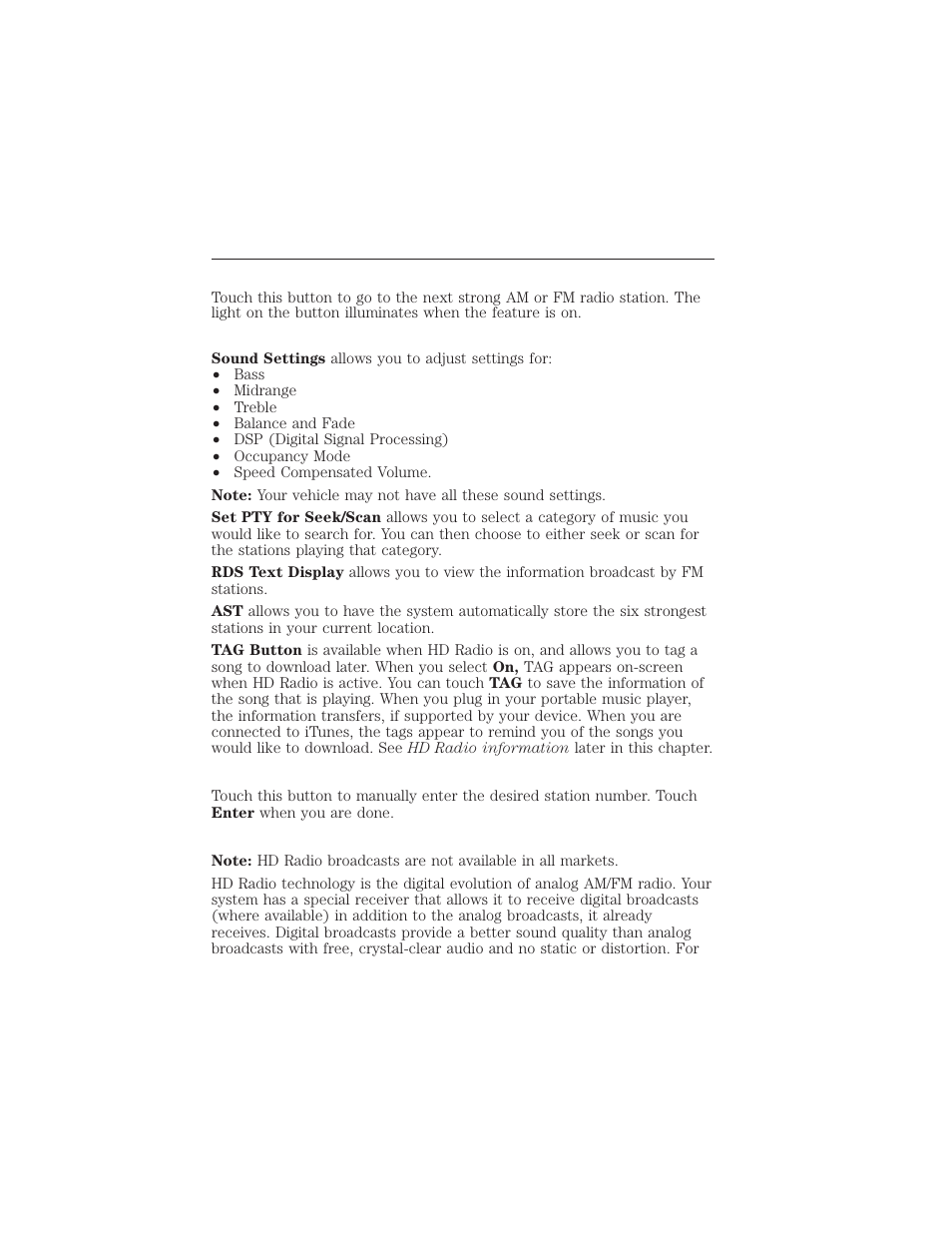 Scan, Options, Direct tune | Hd radio™ information (if available), Myford touch® (if equipped) 449 | FORD 2015 Taurus User Manual | Page 450 / 558