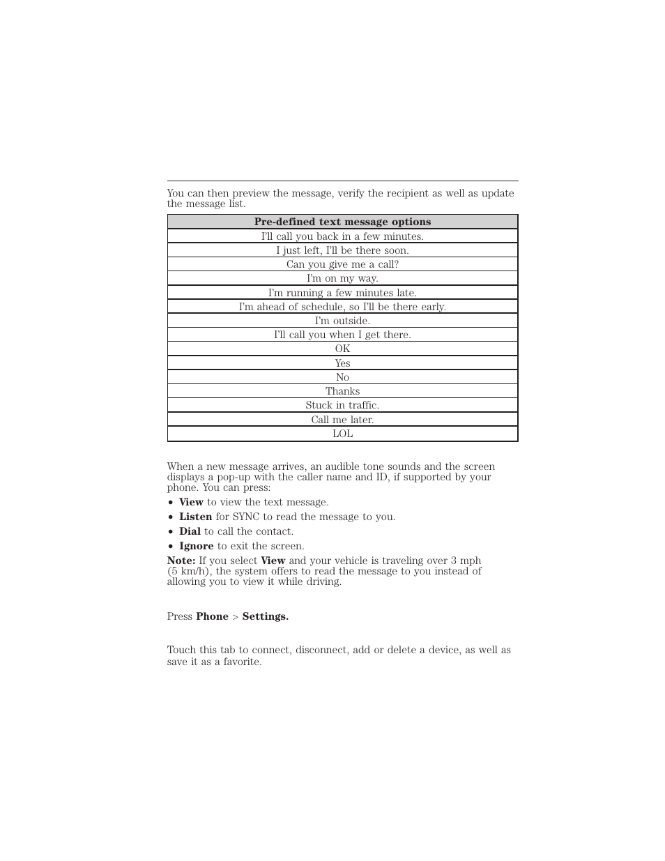 Receiving a text message, Phone settings, Bluetooth devices | 472 myford touch® (if equipped) | FORD 2015 Taurus User Manual | Page 473 / 558